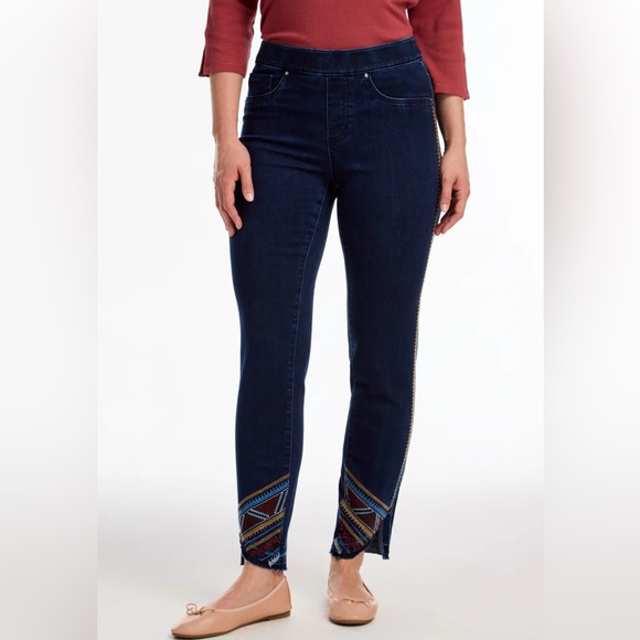 FDJ FRENCH DRESSING Womens Jeans Pull On Slim Embroidered Ankle Dark Wash 14 NEW - Picture 1 of 13